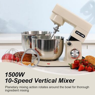 Кухонний комбайн Cheflee 1500W з місткими чашами 4.5 та 5.5L з нержавіючої сталі, 10+ швидкостей, з гаками для тіста, вінчиком та насадками для збивання, з кришкою-розбризкувачем