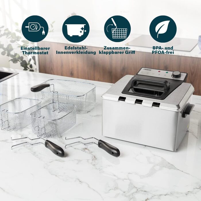 Princess Fritteuse – 3270 Watt, 5 Liter, Thermostat, 3 Fry Baskets, Cold Zone, 6-7 People, 185000, Grey