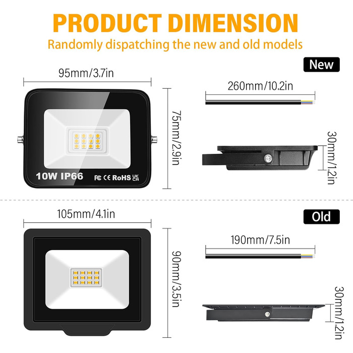 RIGIDON 2x 75W LED Floodlights Outdoor, 7500LM Outdoor Floodlights, 3000K Warm White IP66 Waterproof LED Floodlight, Outdoor Lamp for Garden, Courtyards, Garage, Hotel, Sports Field, Workshop (2 x 10W)