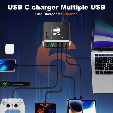 Зарядний пристрій USB C 240W, 6 портів: 4x USB-C + 2x USB-A для MacBook, iPad, iPhone 15 Pro, Samsung та інших пристроїв – швидка зарядка