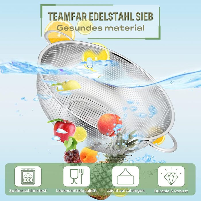 Набір сит TEAMFAR 3 шт. з нержавіючої сталі, мікроперфоровані кухонні сита для макаронів, фруктів, овочів, рису - 16/22/28 см