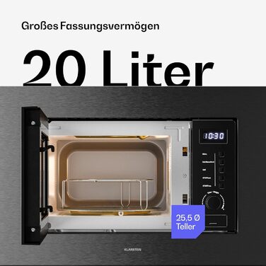 Мікрохвильова піч Klarstein Verosteel Einbaumikrowelle 60 см з грилем – 20L, 700W, 8 програм, сенсорне керування, нержавіюча сталь, функція розморожування, LED-підсвічування, чорна нержавіюча сталь