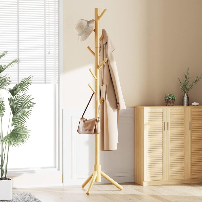 Pipishell Coat Rack, Clothes Rack, Garment Rack, Tree-Shaped Wardrobe, 3-Height Adjustable, for Clothing, Hat and Handbag, Suitable for Living Room, Bedroom or Office, With 8 Hooks, Nature