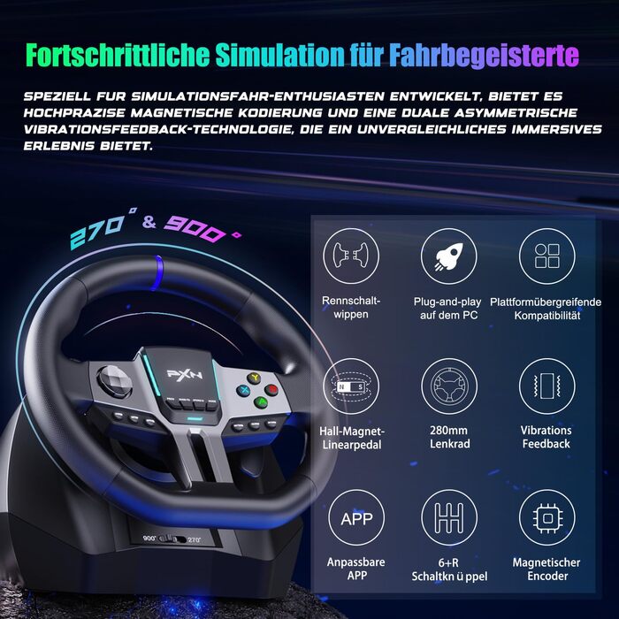 PXN V9 Gen2 Ігрове кермо для ПК, Xbox та PS4 з педалями та перемикачем передач, 270° оберт, 900° кут повороту, ефект Холла, вібрація