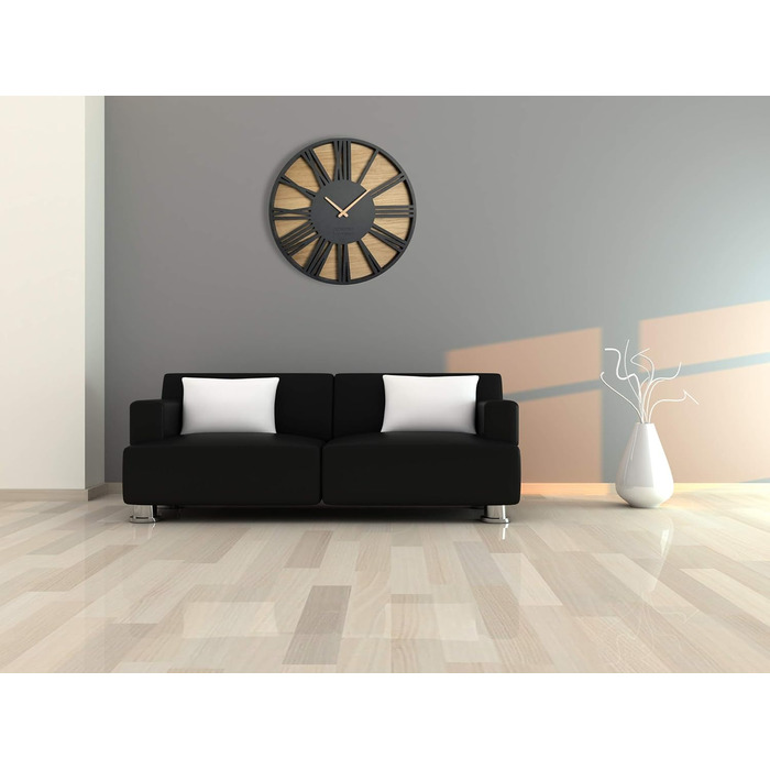FLEXISTYLE Large Wall Clock Without Ticking Sounds, Wood Art Black, Living Room, Bedroom, Made in EU, z216-2 (50cm)