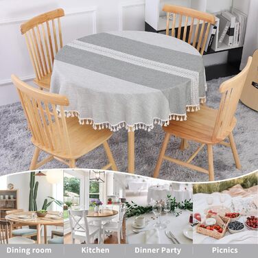 SUCHDECO Linen Tablecloth Round 140 cm Washable Cotton Tablecloth Wrinkle-Free Dustproof with Tassels Strip Embroidery for Kitchen, Dining Room, Dining Table, Coffee Table, Garden Table, Grey