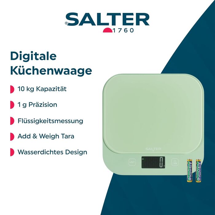 Цифрові кухонні ваги Salter British Bakes до 10 кг, точність 1 г, водонепроникні, платформа з загартованого скла, функція тари та вимірювання рідин (Зелений)