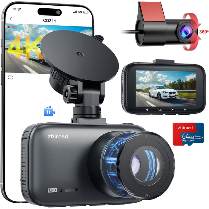 Відеореєстратор Dashcam 4K Dual з CPL фільтром, WiFi, 64GB SD, IPS 3