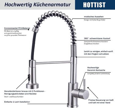 Чорний кухонний змішувач з висувною лійкою, високий поворотний вигин, 2 режими розпилення, нержавіюча сталь, шорстка поверхня