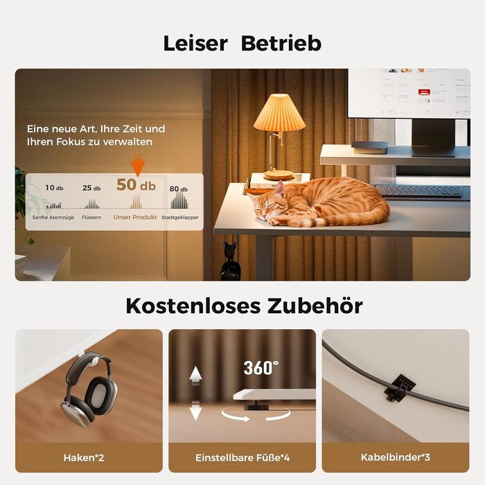 Електричний регульований стіл Agilestic з підсвічуванням, USB-портом та мобільним тримачем монітора. Комп'ютерний стіл з 3-секційною стільницею (білий, 120 x 60 см)