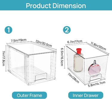Vtopmart 4 Pack Stackable Storage Drawers, Clear Acrylic Drawer Organizers with Handles, Storage Organizer for Refrigerator, Bathroom, Closet, Pantry (4 Pack Middle)