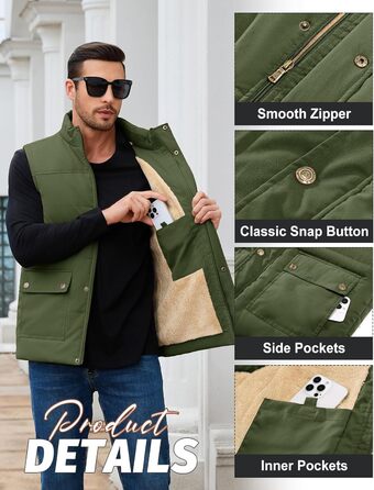 Xnova чоловіча зимова жилетка з підкладкою Thero Sherpa, тепла флісова жилетка, зимова куртка, жилетка для полювання, робоча жилетка, флісова жилетка для активного відпочинку з коміром-стійкою (Зелений, M)