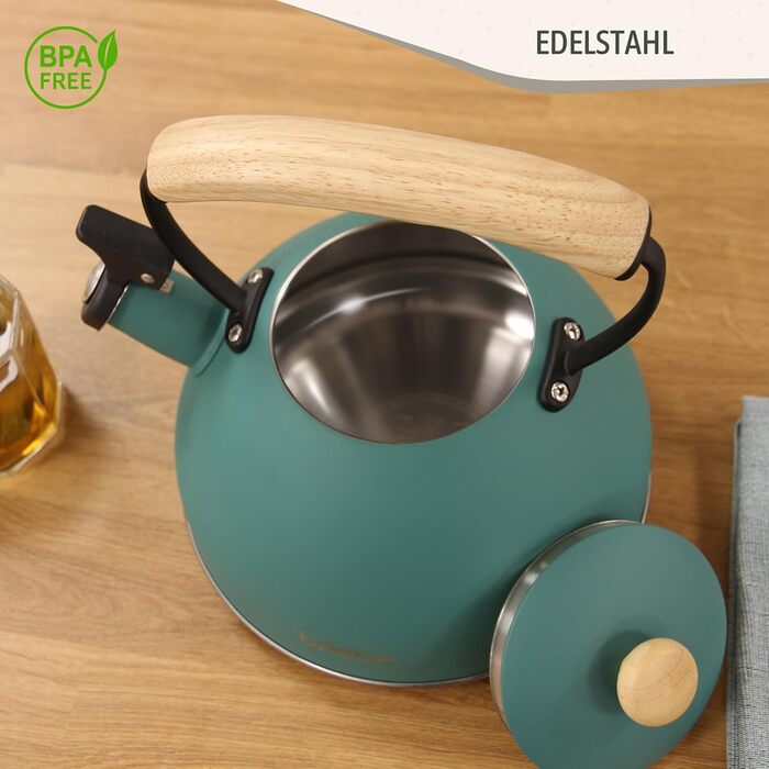 Чайник Nordic Wasserkessel Induktion 2.3L з нержавіючої сталі, з свистком, для чаю та кави, сумісний з усіма типами плит (індукційні, склокерамічні, газові, електричні), з дерев'яною ручкою Cool-Touch, ретро дизайн, зелений