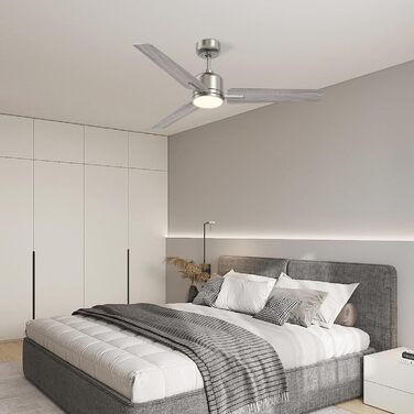 Стеляний вентилятор Newday білий, 122 см з підсвіткою та пультом керування. Безшумний вентилятор для стелі з лампою, регульована яскравість, DC мотор, реверсивний для спальні та вітальні (107-silber-holz)