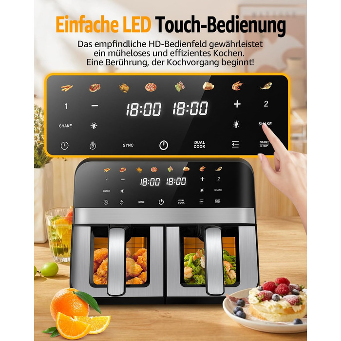 Фритюрниця повітряна Jacgood з 2 кошиками, 1800W, 9L, цифрове керування, 8 меню, з прозорим вікном