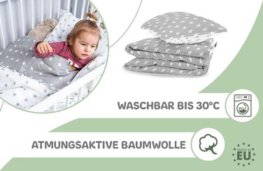 Комплект постільної білизни для дитячого ліжечка 90x120 см з бавовни Kinderbettwäsche - комплект ковдри та наволочок 40x60 см для малюків (хлопчиків та дівчаток). Oeko-Tex, білий з сірими зірками / сірий з білими зірками.
