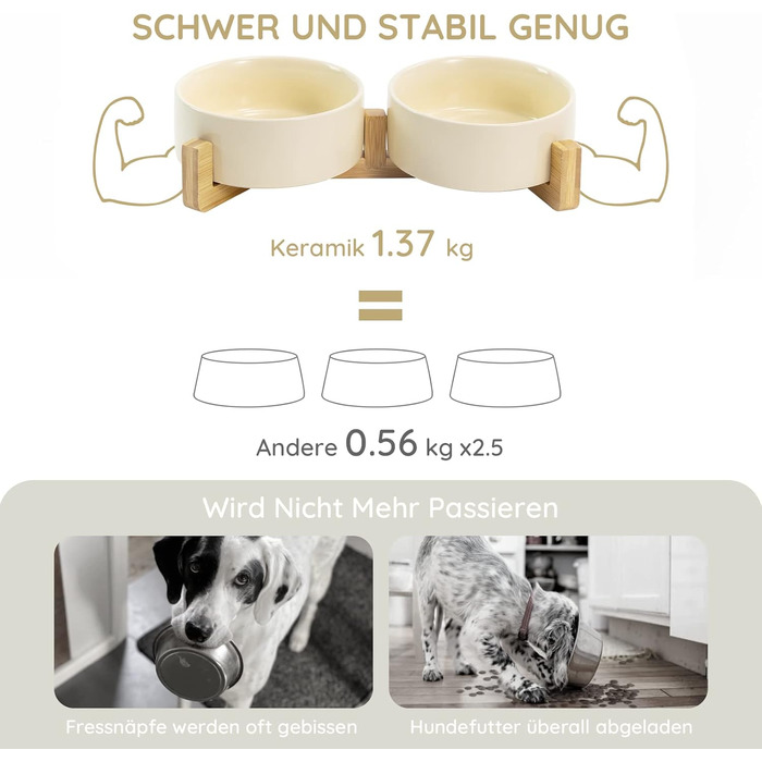 Набір мисок для котів та собак SPUNKYJUNKY з бамбукового підставки (400мл, Бежевий)