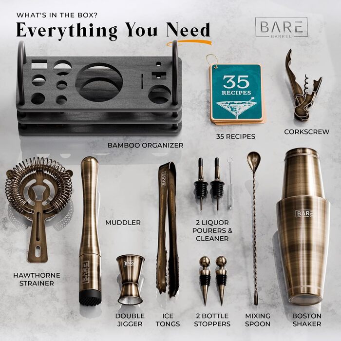 Bare Barrel® Cocktail Shaker Set - 14 Piece Mixology Bar Set with Boston Shaker, Martini Accessories, & Recipe Cards - Perfect Home Bartender Gift Set
