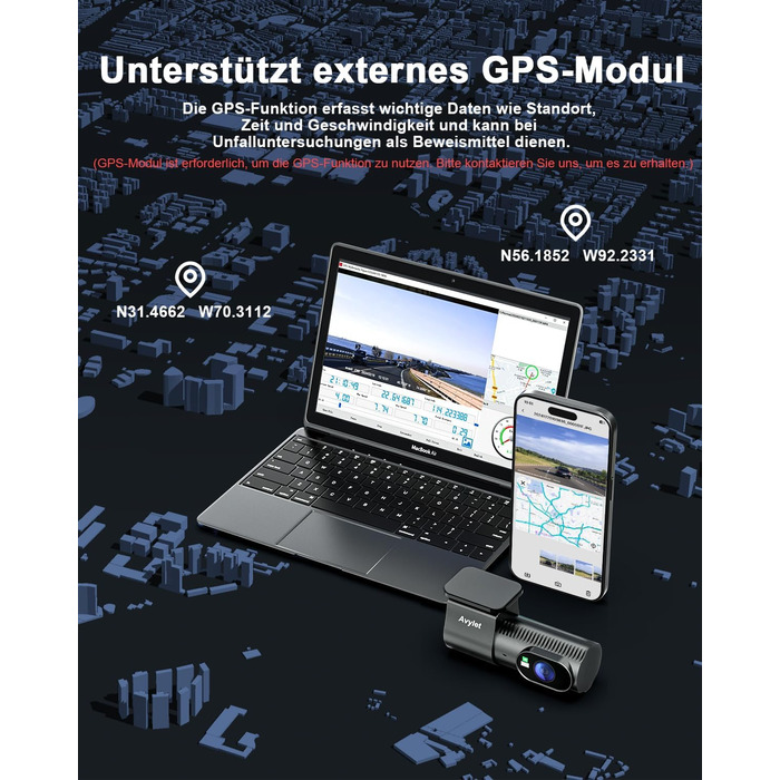 Відеореєстратор Avylet 4K+1080P з двома камерами (передня та задня), Wi-Fi, GPS, IPS дисплеєм, паркувальною функцією, Super Night Vision, WDR, 170° кутом огляду, G-сенсором, підтримка карт пам'яті до 256GB