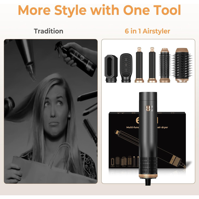 Фен-щітка 5-в-1 Airstyler Pro 1000W з регулюванням напрямку повітря, іонізація, для створення об'єму, локонів та укладки волосся (сірий)