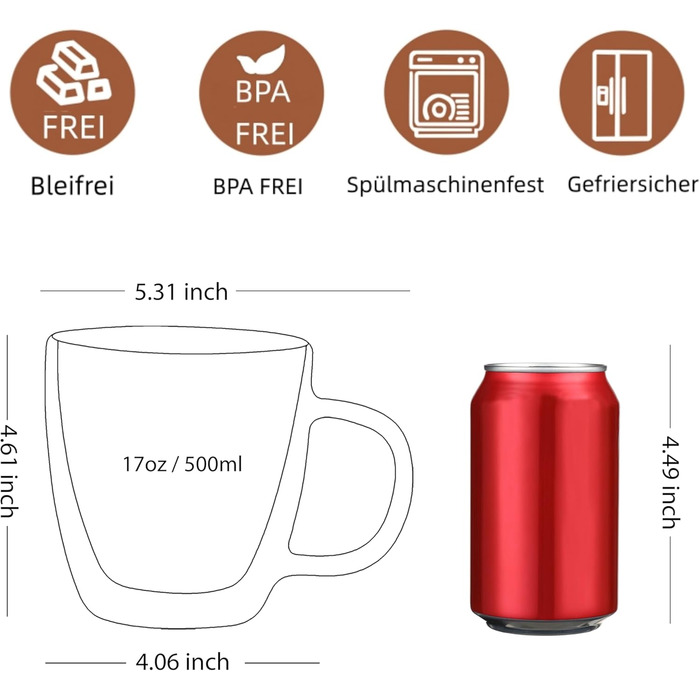 CNGLASS Double-Walled Macchiato Glasses 500ml/17oz, Large Insulated Coffee Cups Glass 1-Piece Set, Clear Coffee Glasses with Handle for Cold and Hot Drinks