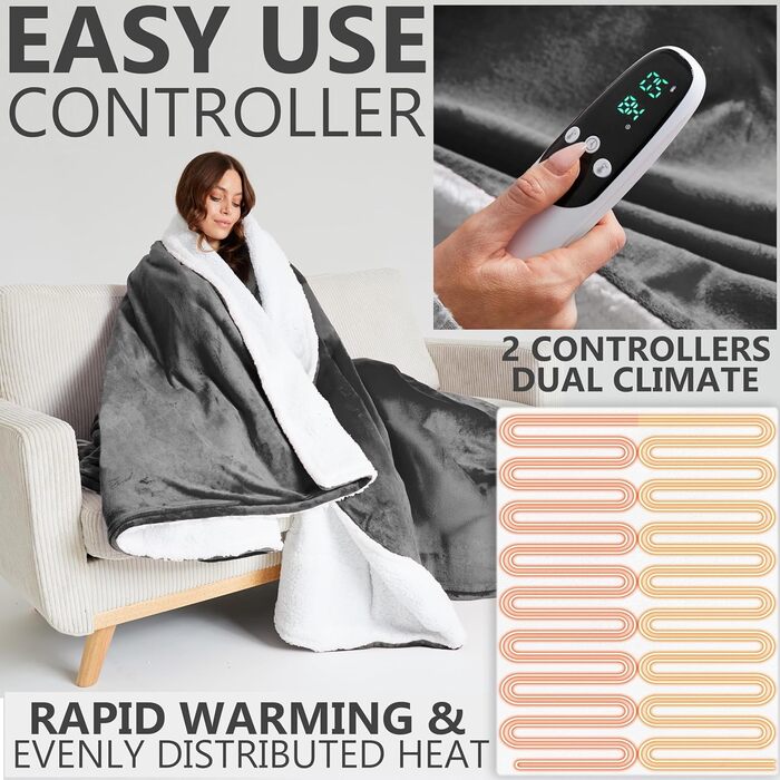 Електрична ковдра Kingsize Get Trend, м'яка Sherpa Fleecedecke, 230x265 см, 9 режимів нагріву, таймер 12 годин, тепла ковдра-подарунок (темно-сірий, розмір EU)