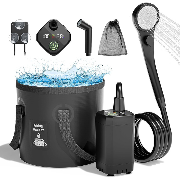 Mytrix 2024 Upgraded Portable Camping Shower Full Set: 6000mAh Rechargeable Power Suction Pump with Smart Display, Multi-Modes Spray Head & 5-Gallon Water Foldable Bucket for Outdoor Travel and Hiking