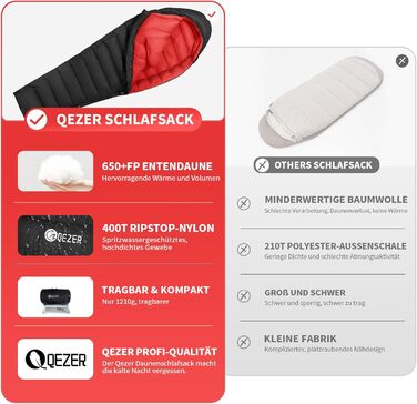 Сплячий мішок для дорослих та дітей, зимовий легкий, 8°C ~ -30°C для кемпінгу та альпінізму, 650 FP гусячий пух (Чорний, 700g пуху)