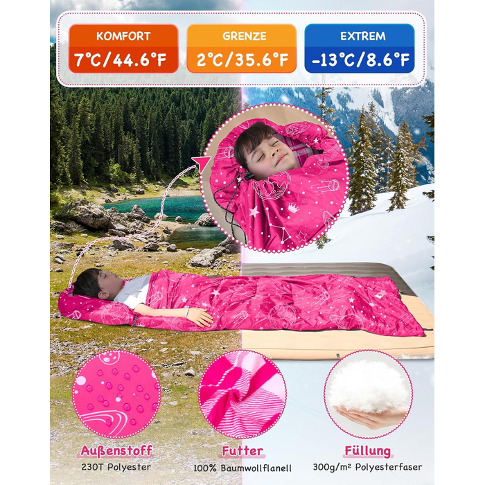 KingCamp Kids Sleeping Bag - Winter Warmth, 3-4 Season Comfort for Camping & Trekking - 170x70cm, 7°C Rating, Adjustable Length