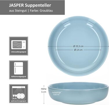 Набір посуду Ritzenhoff & Breker Jasper, 12 предметів, сіро-блакитний, з кераміки, для 6 осіб. Включає 6 супових та 6 обідніх тарілок. Ідеально для сніданку, обіду та вечері.