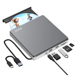 Зовнішній CD/DVD привід BUNUD USB 3.0 та Type-C, портативний DVD-брунер з картридером SD/TF та 2 USB-портами для ноутбука, PC, iMac, Windows та macOS, сіро-білий