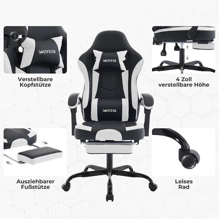 Геймерське крісло Ergonoma з підставкою для ніг, чорно-біле - Офісне крісло з підтримкою попереку