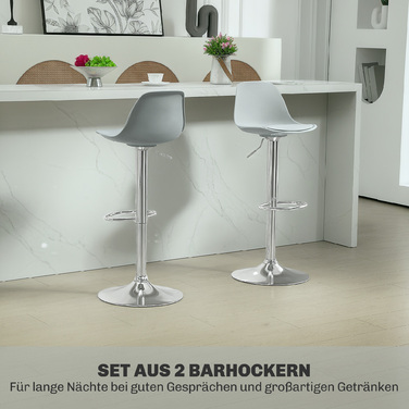 HOMCOM Set of 2 Bar Stools, Upholstered Bar Chair with Steel Frame, Backrest, Height Adjustable Kitchen Stools with Footrest 360° Swivel Counter Stools for Kitchen, Living Room, Dining Room, Faux Leather Grey | Aosom