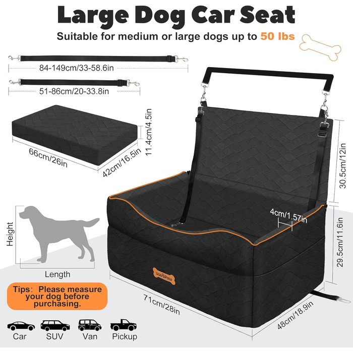 Автокрісло для собак середніх та маленьких порід (до 23 кг), з м'якою подушкою та страхувальним ременем, чорного кольору, розмір M