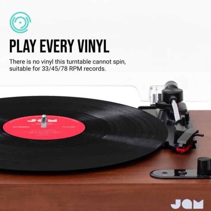 Програвач вінілу JAM з колонками Bluetooth – чорний (горіх) | 3 швидкості, пилозахисний ковпак, попередньо налаштований тонарм, засіб для чищення вінілу в комплекті