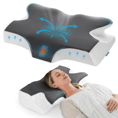 Ортопедична подушка Elviros з Memory Foam, ергономічна подушка для шиї, для тих, хто спить на боці, спині та животі, знімний чохол, Space Grey, 64×(11,5/13)×40 см