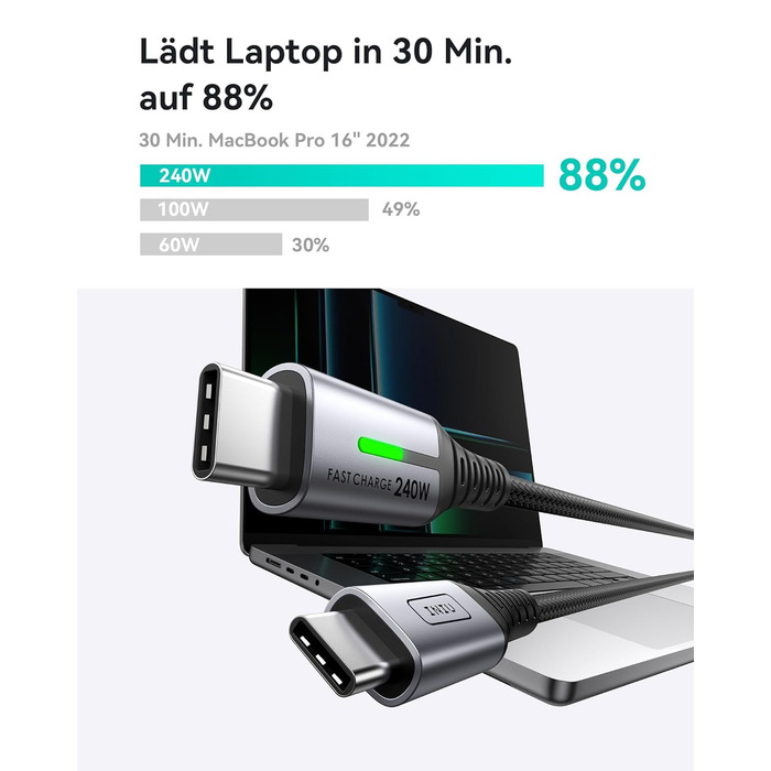 Кабель USB-C 240W, 2 шт. по 2м, PD, швидка зарядка, нейлон, з LED-підсвічуванням, чорний. Сумісний з iPhone, Samsung, Pixel, iPad, MacBook