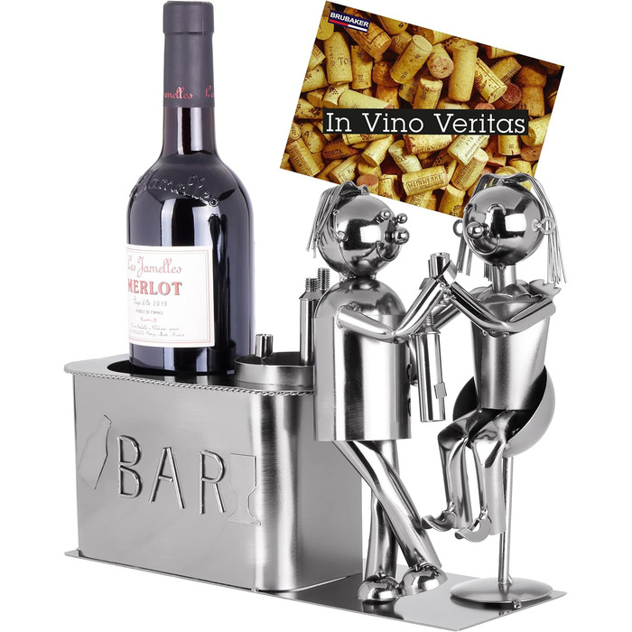 BRUBAKER Wine Bottle Holder Loving Couple at the Bar Decorative Object Metal Couple Gift Bottle Stand with Greeting Card