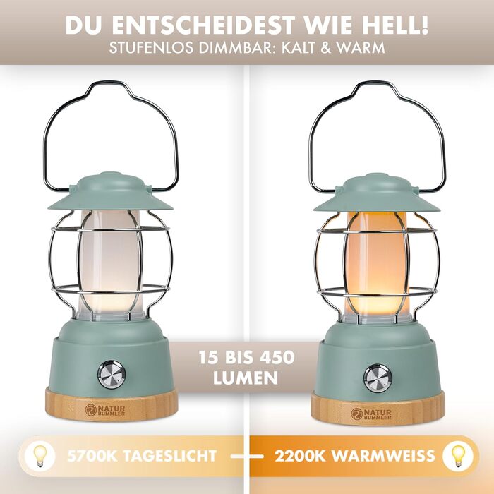 Naturbummler® Camping Lamp [Up to 200h of Brightness & Waterproof] Rechargeable, incl. Power Bank, infinitely dimmable, 5200mAh, outdoor lamp, camping, survival, LED light, battery lamp, lantern, SOS