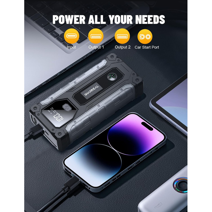 Пусковий пристрій (бустер) для автомобіля SHARMEAL 10000A, 12V Powerbank для бензинових та дизельних двигунів до 10.0 л, з LCD-дисплеєм та LED-ліхтарем