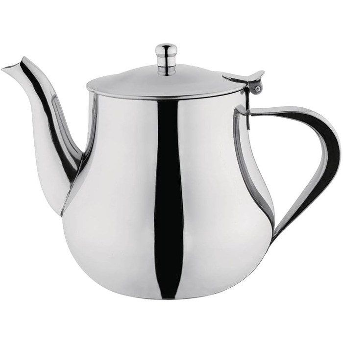 Olympia Stainless Steel Teapot 1 Liter/35 oz, Silver, High-Gloss Polish, Arabian Style Teapot, Heat-Resistant Handle, Hinged Lid, Drip-Free Spout - Commercial Cafe or Home Use, M982