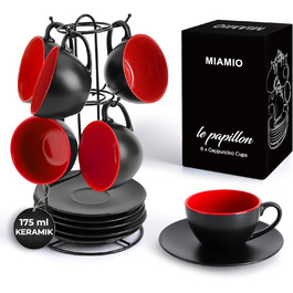 MIAMI - 6 x 175 ml Cappuccino Cups with Saucers & Stand/Cappuccino Cup Set - Le Papillon Collection (Red) Stoneware