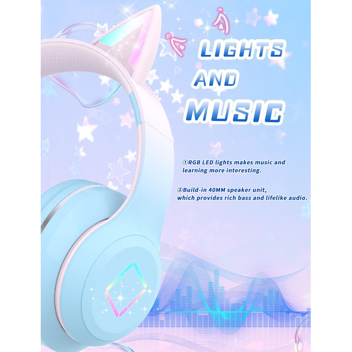 Бездротові навушники Bluetooth для дітей з LED-підсвіткою, котячими вушками та мікрофоном, HD Stereo, складна конструкція, регульоване наголов'я, для дівчаток (блакитні)