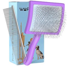 Гребінець для собак та котів Slicker з дерев'яною ручкою та довгими нержавіючими шпильками - видаляє підшерсток, ковтуни та заплутування - з гребінцем для догляду - для Golden Retriever та Maine Coon - фіолетовий, великий