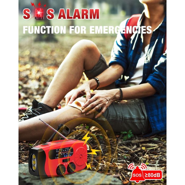 Радіо-пристрій на ручному валу Emgykit для надзвичайних ситуацій з сонячною батареєю та 3 LED-ліхтариками, 2000mAh, AM/FM/NOAA, SOS-функція, для кемпінгу, червоний