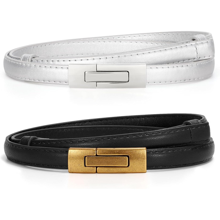 Жіночий шкіряний ремінь WERFORU - тонкий, регульований, з декоративною золотистою пряжкою. Довжина 105 см, підходить для розміру талії до 93 см (чорний+срібло)