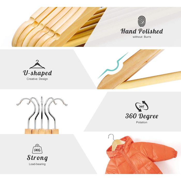 Дерев'яні вішалки для дитячого одягу Homewit - 24 шт. з перекладиною, з заглибленнями, 360° обертання, для малюків та дітей - 30 см