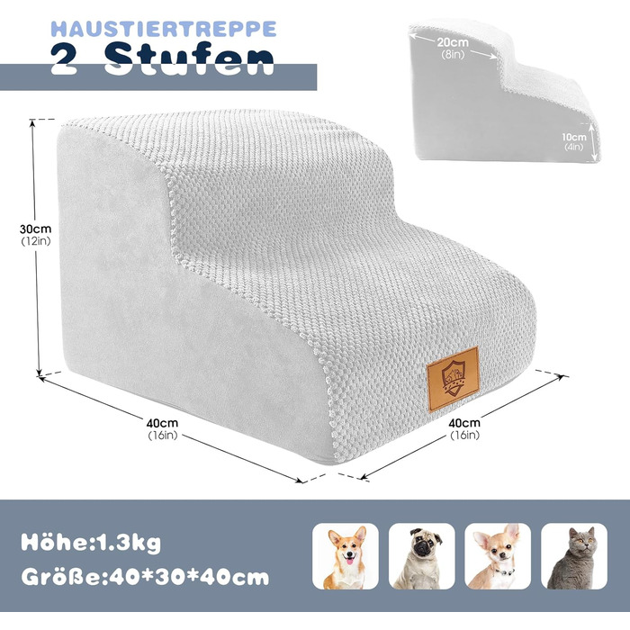 2-Step Dog Stairs, 40cm Cat Stairs with Washable Cover, Dog Stairs for Small Dogs, Pet Stairs for Dogs and Cats, Cat Stairs for Senior Cats, Black (2-Step White Dog Stairs)