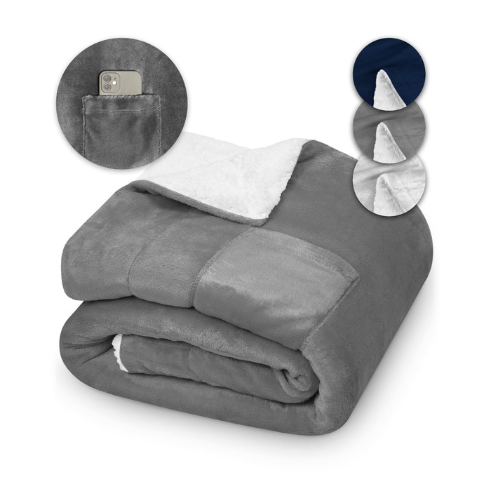 Пухова ковдра KAMI 150x200 см, темно-сіра, Sherpa, для вітальні, дивану, ліжка, з кишенею для телефону та захистом від бруду, тепла зимова ковдра