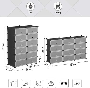 SONGMICS Plastic Shoe Rack, Shelf System, Stackable Shelf, Storage Shelf, Wardrobe, Shoe Storage, Metal Wire, 83 x 31 x 105 cm, White LPC26W (12 Compartments (83 cm wide), Black)